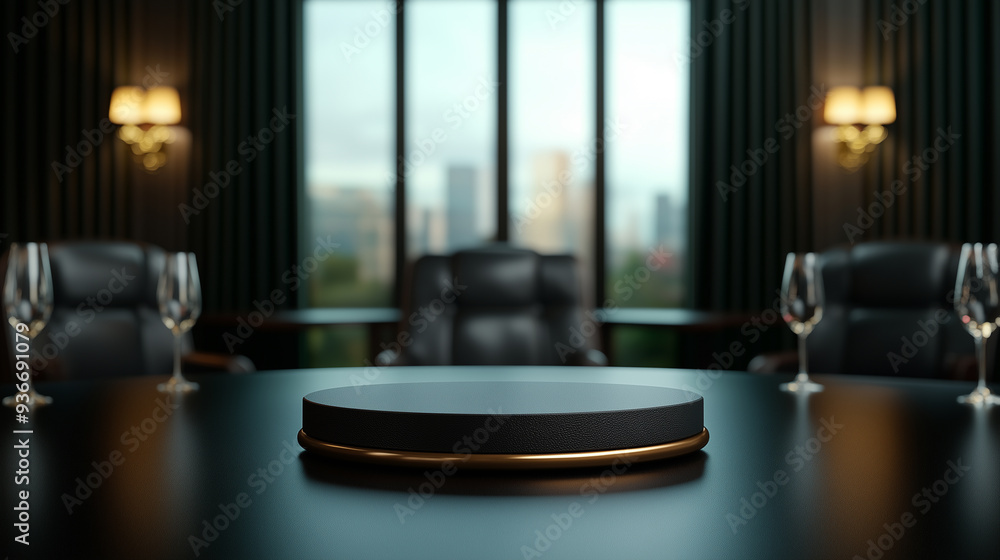 Mockup black golden podium for product presentation on dark luxury conference room table with wine glasses and leather chairs, cityscape background Mockup black golden podium for product presentation on dark luxury conference room table with wine glasses and leather chairs, cityscape background