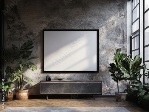 Mockup frame close up in loft interior background.