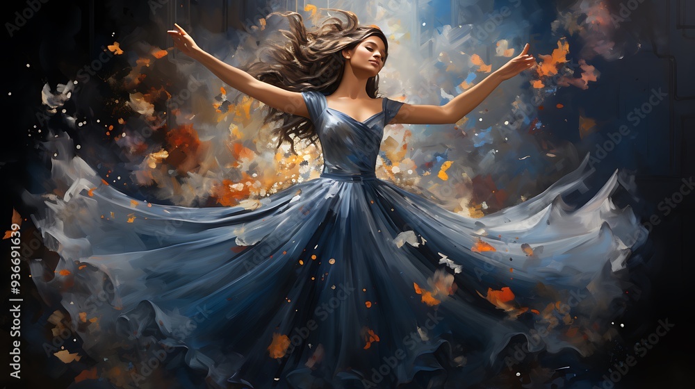 A woman wearing a tutu and tiara, dancing joyfully against a solid cobalt blue background A woman wearing a tutu and tiara, dancing joyfully against a solid cobalt blue background