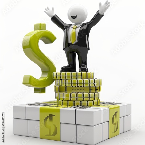 A 3D rendering of a businessman wearing a suit and tie standing on a stack of money and raising his arms in victory. The background is white, and the businessman is isolated on the color background. photo