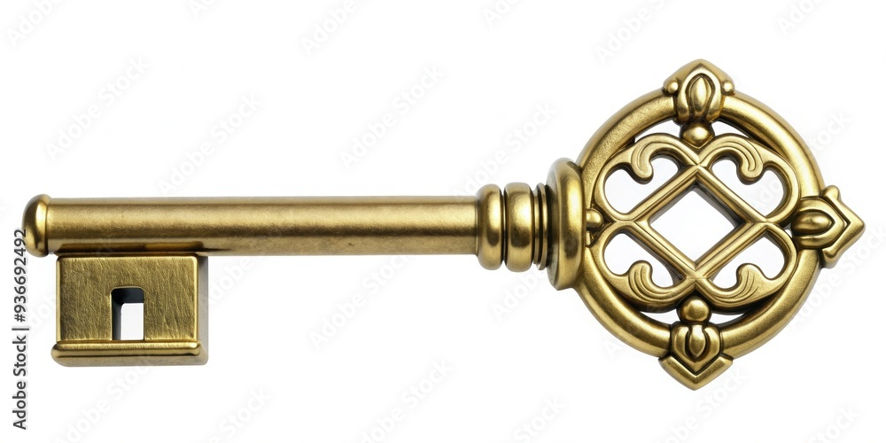 Obraz premium Shiny brass house key with intricate details and a comfortable grip, isolated on a white background, perfect for real estate, home, or security themed designs.
