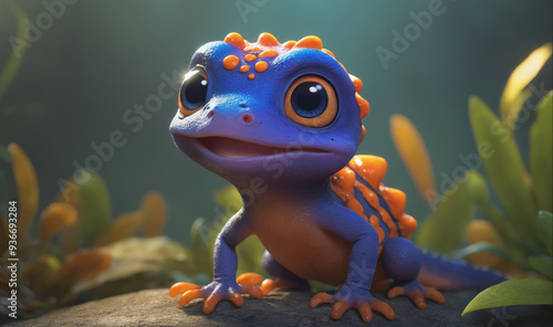 A blue and orange lizard with large, expressive eyes sits on a rock in a lush, green forest