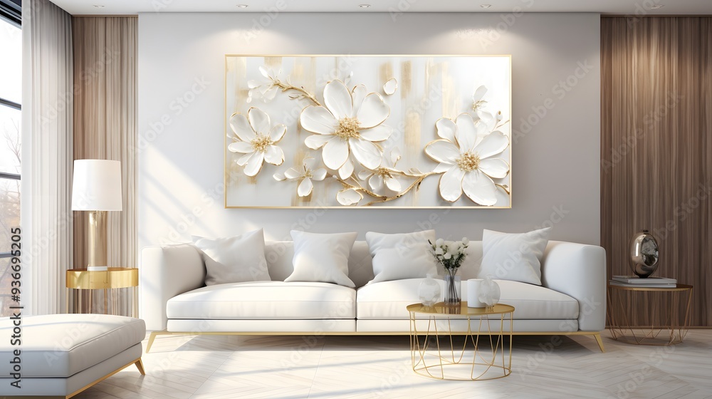 Elegant Living Room with a Luxurious Three-Panel 3D Floral Wall Art ...