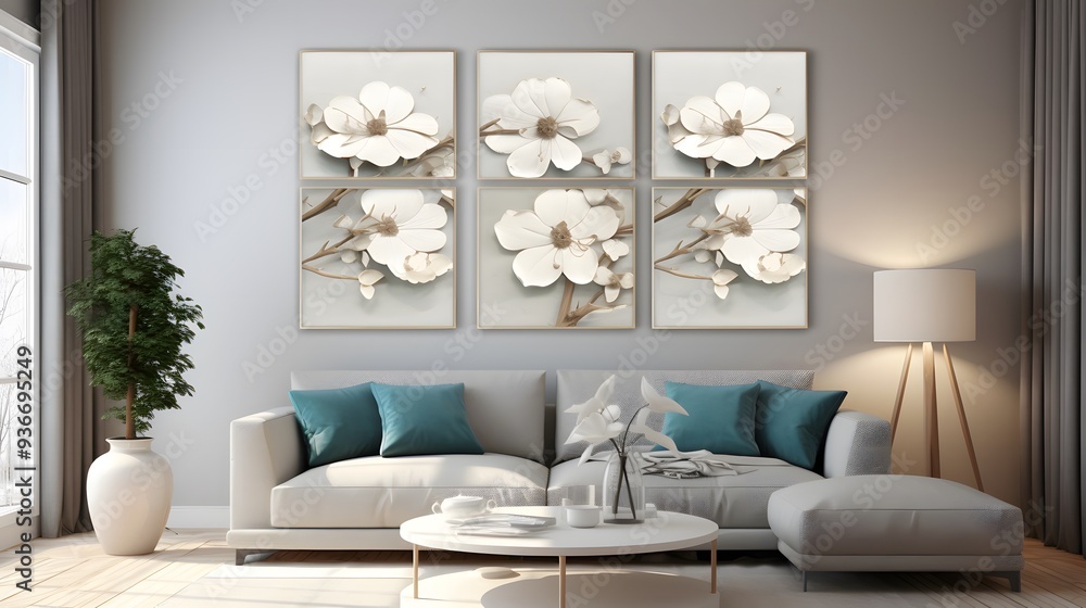 Elegant Living Room with a Luxurious Three-Panel 3D Floral Wall Art ...