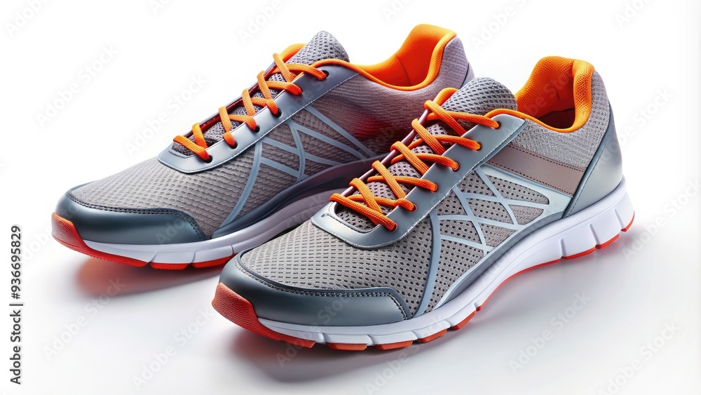 Sleek and modern athletic footwear sits laced up and ready to go, awaiting its wearer to hit the pavement for a morning jog or marathon. Sleek and modern athletic footwear sits laced up and ready to go, awaiting its wearer to hit the pavement for a morning jog or marathon.