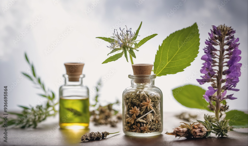 Two small glass bottles with cork stoppers contain herbs and oils Two small glass bottles with cork stoppers contain herbs and oils