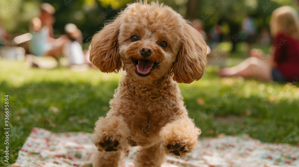 Adorable brown poodle puppy jumping towards the camera with a joyful expression. The blurred background of a park with people adds a lively and happy atmosphere to the scene. Adorable brown poodle puppy jumping towards the camera with a joyful expression. The blurred background of a park with people adds a lively and happy atmosphere to the scene.
