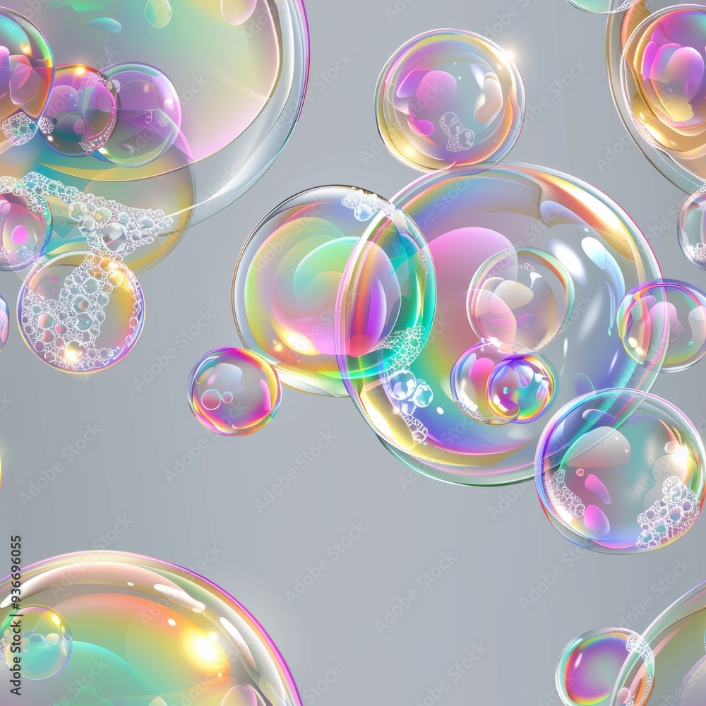 A visually captivating seamless pattern with transparent rainbow gradient bubbles. Adds vibrant color and energetic flair to creative projects, ideal for lively backgrounds. A visually captivating seamless pattern with transparent rainbow gradient bubbles. Adds vibrant color and energetic flair to creative projects, ideal for lively backgrounds.