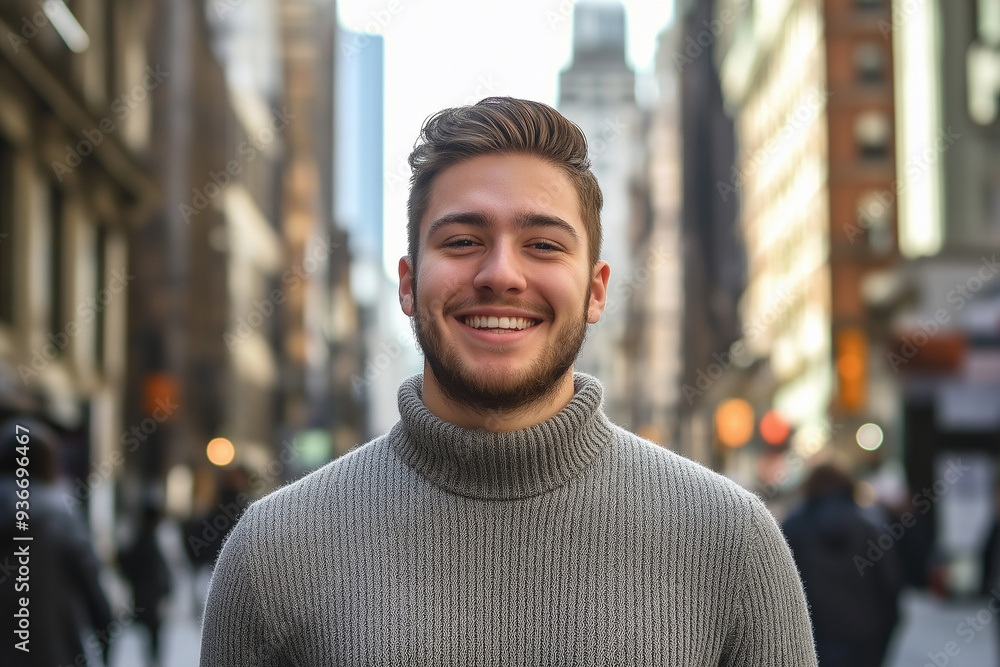 A smiling young man in a gray turtleneck sweater standing in a bustling city street, exuding confidence and happiness, with a blurred urban background.