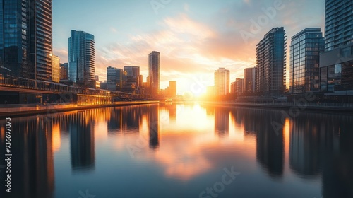 Urban Skyline Reflected in Calm Water at Sunset