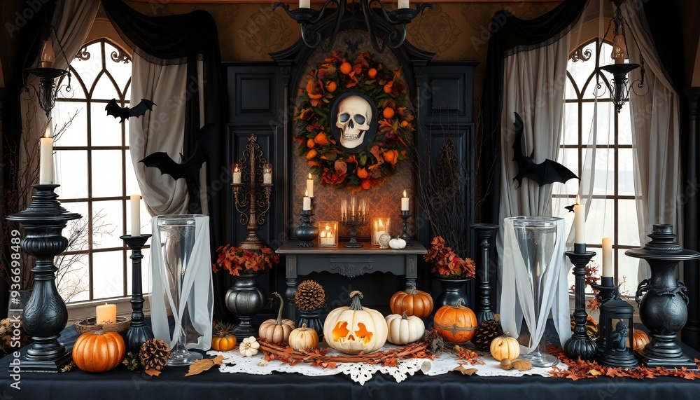 Obraz premium A spooky Halloween tablescape with pumpkins, candles, and a skull wreath.