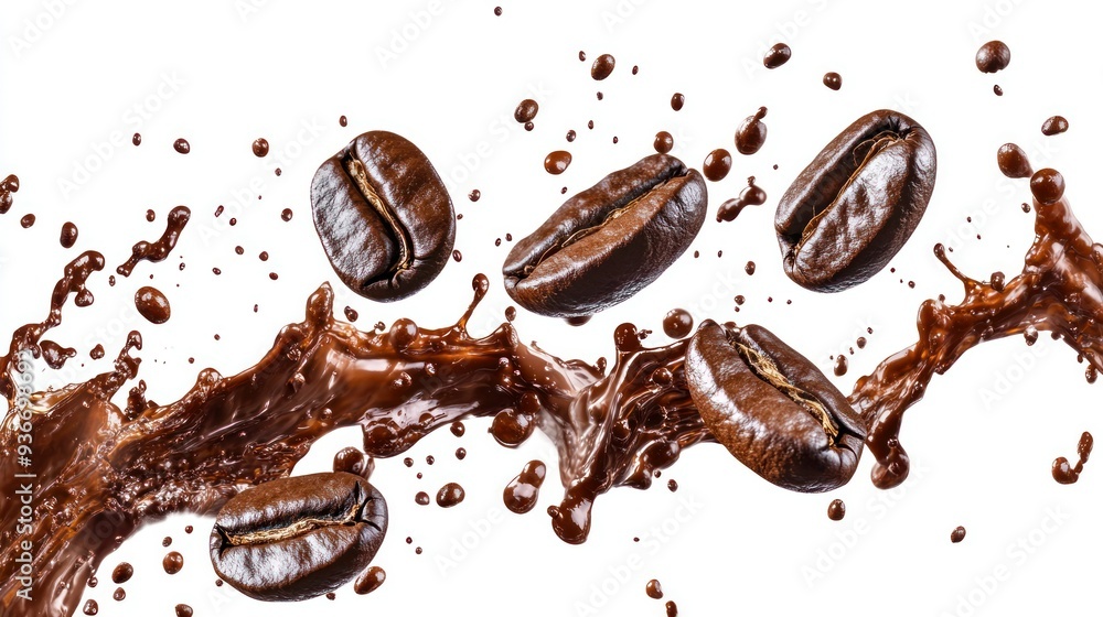 Coffee Beans Splashing in Brown Liquid Coffee Beans Splashing in Brown Liquid