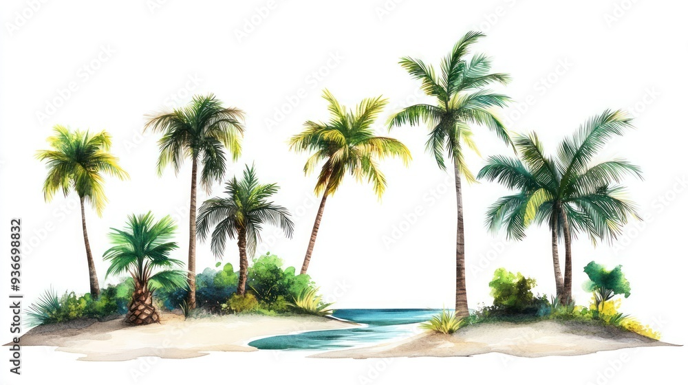 Watercolor Painting of a Tropical Island with Palm Trees and a Small Inlet Watercolor Painting of a Tropical Island with Palm Trees and a Small Inlet
