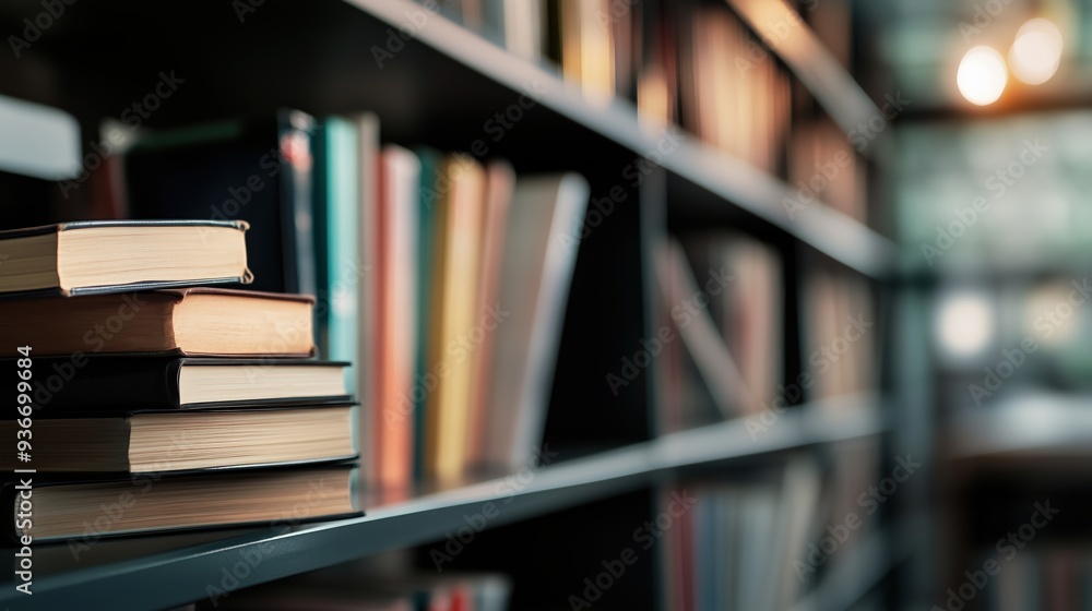 Blurred view of a bookshelf in a quiet library room, bathed in soft sunlight. Ideal for concepts related to education, learning, and knowledge. Blurred view of a bookshelf in a quiet library room, bathed in soft sunlight. Ideal for concepts related to education, learning, and knowledge.