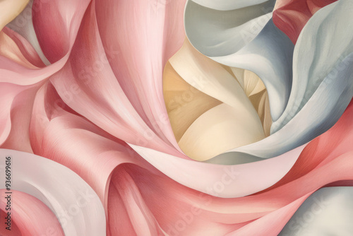 This abstract art piece features flowing, fabric-like elements in pastel pink hues, creating a soft and calming visual with a sense of gentle movement and elegance. photo