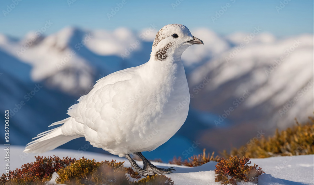 A white ptarmigan stands on a snowy mountain peak A white ptarmigan stands on a snowy mountain peak