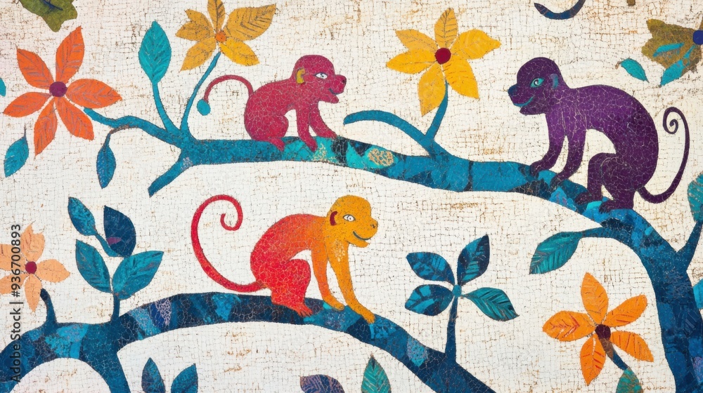 Obraz premium Brightly colored traditional Gond folk art from India featuring intricate patterns of monkeys on a textured background 