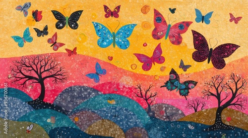 Brightly colored traditional Gond folk art from India featuring intricate patterns of butterflies  on a textured background
