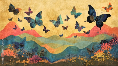 Brightly colored traditional Gond folk art from India featuring intricate patterns of butterflies  on a textured background
