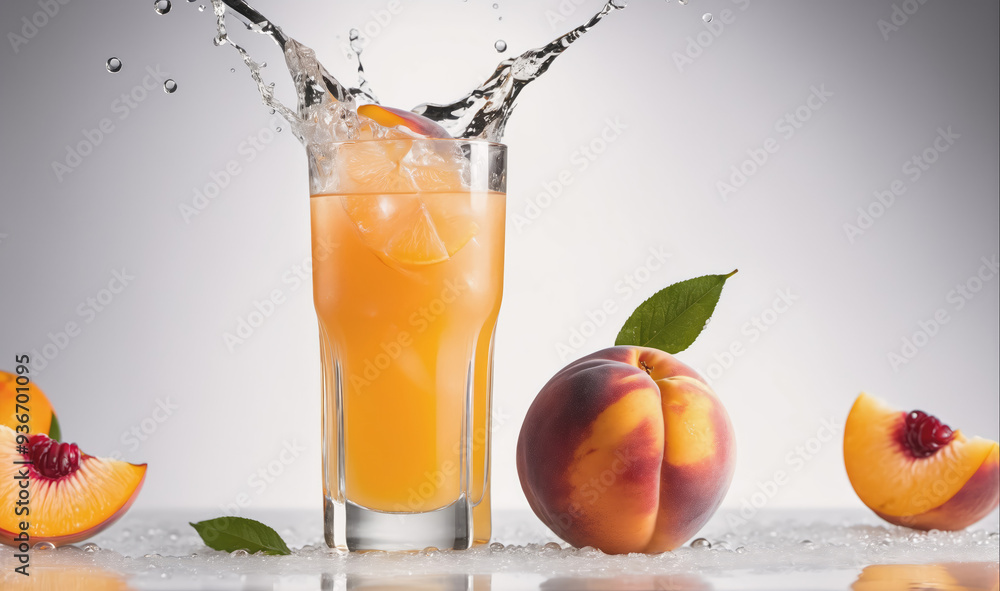 A glass of peach juice with ice is splashing, next to a whole peach and a slice A glass of peach juice with ice is splashing, next to a whole peach and a slice