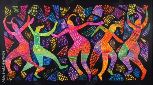 Brightly colored traditional Gond folk art from India featuring intricate patterns of dancing figures on a textured background
