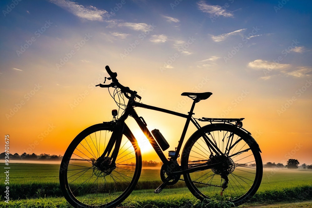 A lone bicycle parked in a green field with the sun setting in the background A lone bicycle parked in a green field with the sun setting in the background