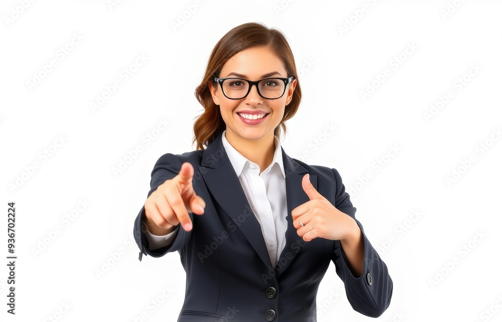 business woman pointing at something in white background business woman pointing at something in white background