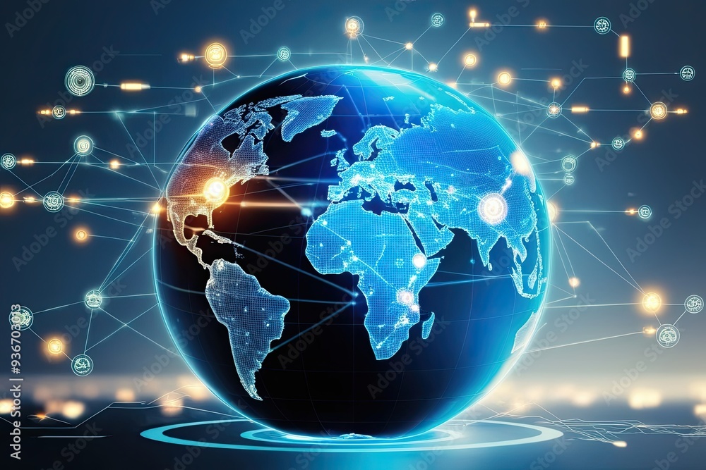 Fototapeta premium Blue Holographic Globe Featuring World Map and Illuminated Data Streams for Global Communication Networks