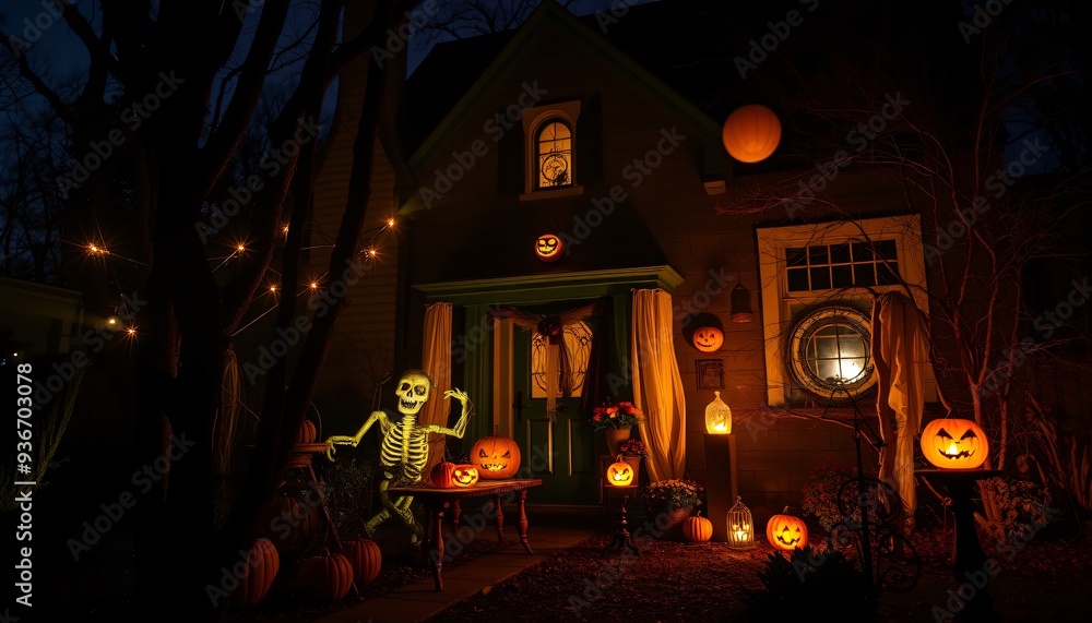 Spooky Halloween decorations with pumpkins, a skeleton, and lights on a front porch at night. Spooky Halloween decorations with pumpkins, a skeleton, and lights on a front porch at night.