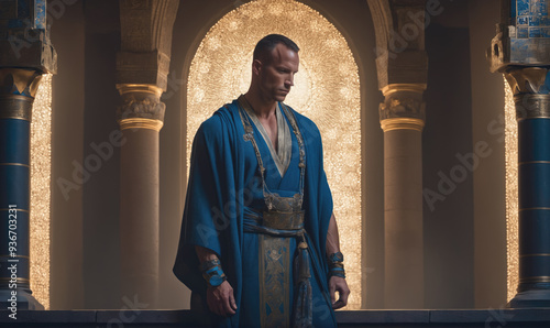 A man in a blue robe stands in a grand hall, his head bowed in thought, surrounded by pillars and ornate arches photo