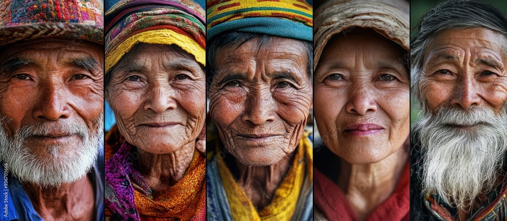 Close-up Portraits of Four Elderly Individuals with Traditional Headwear Close-up Portraits of Four Elderly Individuals with Traditional Headwear