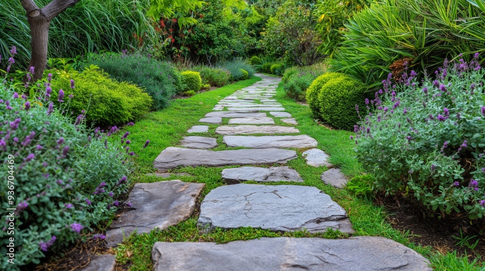 Obraz premium A stone path winds through a lush garden with vibrant greenery and blooming lavender flowers.