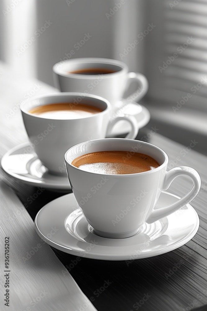 Three white coffee cups on a wooden table with saucers. Three white coffee cups on a wooden table with saucers.