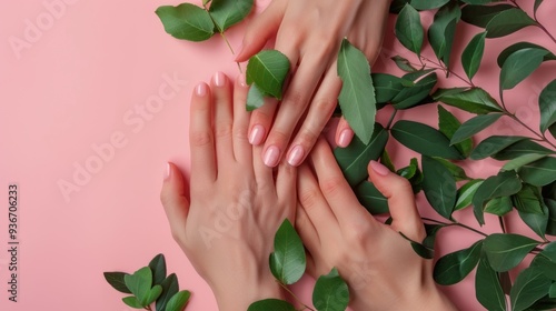 Two pairs of delicate female hands with pink nails are gently placed together against a soft pink background, accented by vibrant green leaves for a fresh, natural look