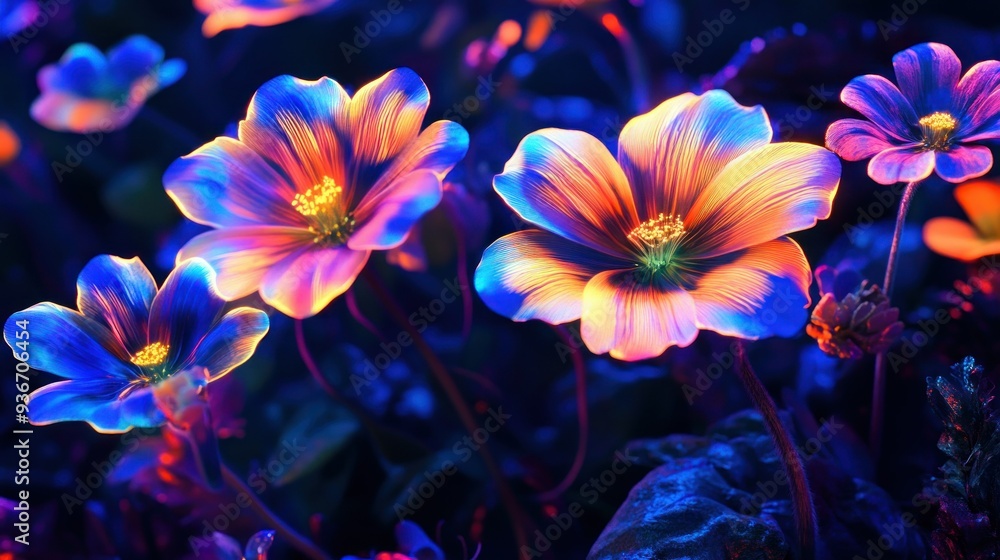 Vibrant Flowers Illuminated in a Dark Garden Vibrant Flowers Illuminated in a Dark Garden