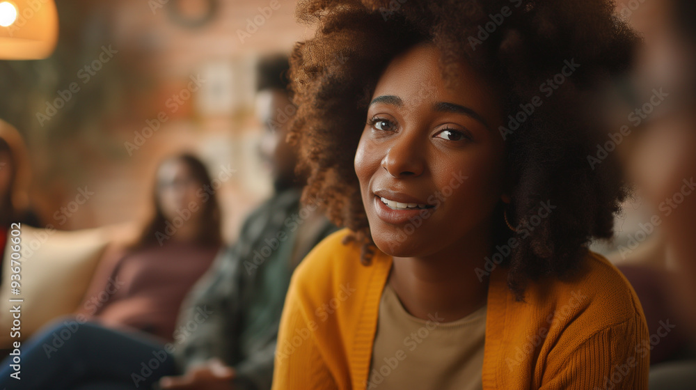 Obraz premium Peer Support Group: A woman engaging with peers in a support group setting, with copy space