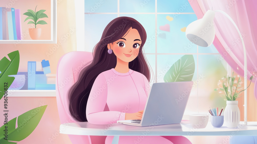 illustration of a woman with pink clothes and long brown hair working at home at her laptop illustration of a woman with pink clothes and long brown hair working at home at her laptop