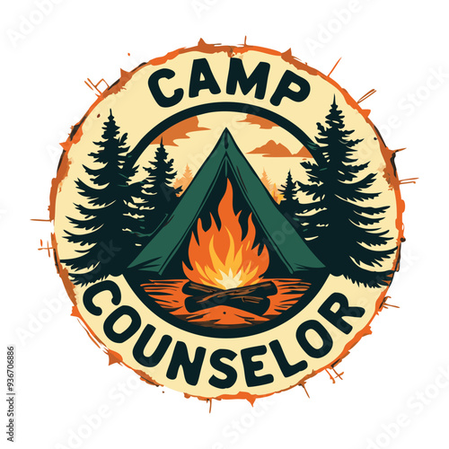 a bold circular badge with "CAMP COUNSELOR" arched at the top and bottom. t shirt design