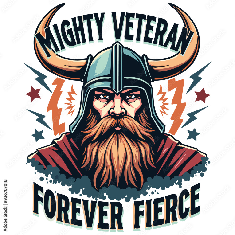 A bearded man with a horned helmet, encircled by stylized lightning bolts and stars. The text A bearded man with a horned helmet, encircled by stylized lightning bolts and stars. The text
