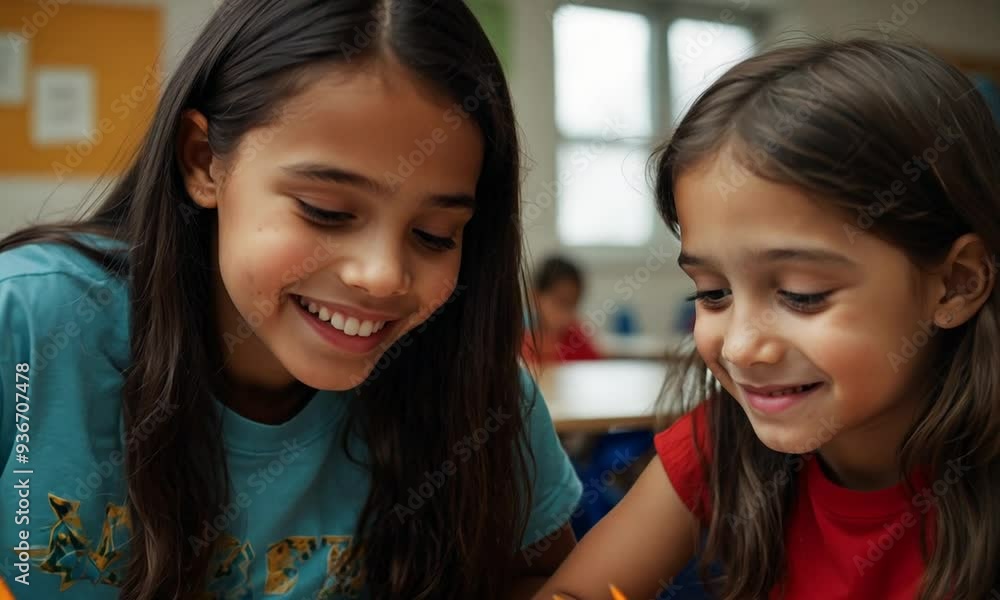 portrait of a child and friend study together portrait of a child and friend study together