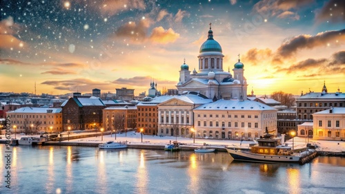 Snowflakes gently fall on the serene Helsinki waterfront, showcasing the majestic Lutheran Cathedral and bustling Market Square on a frosty winter morning. photo