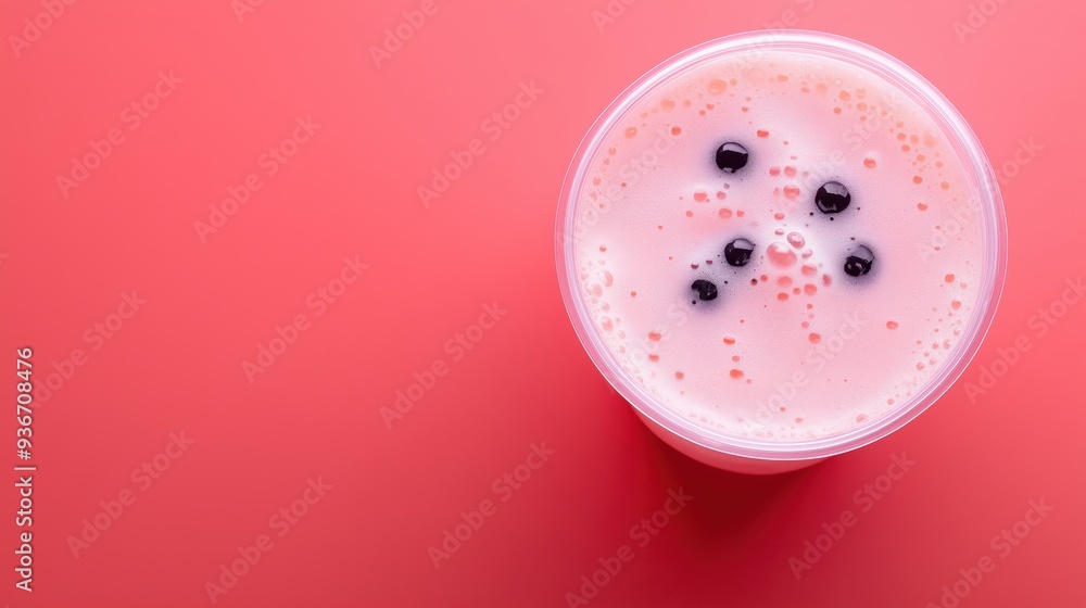Close-up top view of a bubble tea (boba tea) with tapioca pearls on a vibrant pink background. Perfect for beverage or dessert-related content. Close-up top view of a bubble tea (boba tea) with tapioca pearls on a vibrant pink background. Perfect for beverage or dessert-related content.