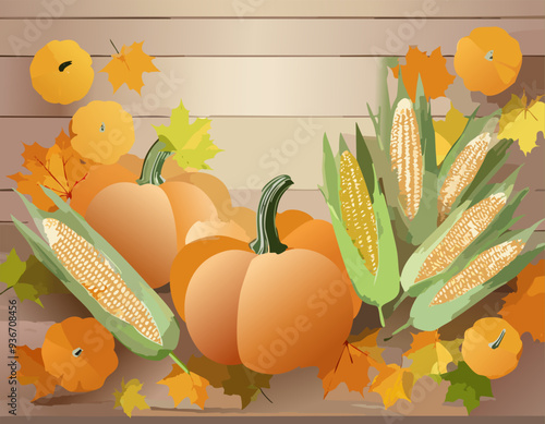 A truly serene autumn scene that features vibrant pumpkins and colorful leaves against a rolling landscape illustration Vector