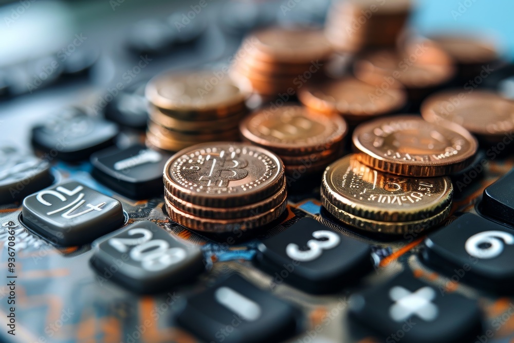 Financial strategy coins, calculator on white table for savings, security, individual plan Financial strategy coins, calculator on white table for savings, security, individual plan