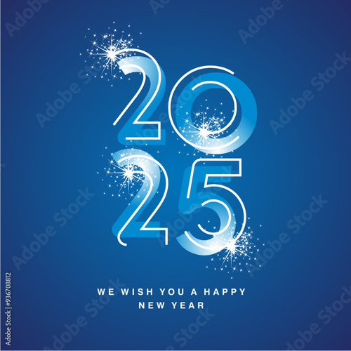 2025 New Year modern white line design neon light over light blue black type typography of year 2025 with sparkle firework sign logo icon on blue background