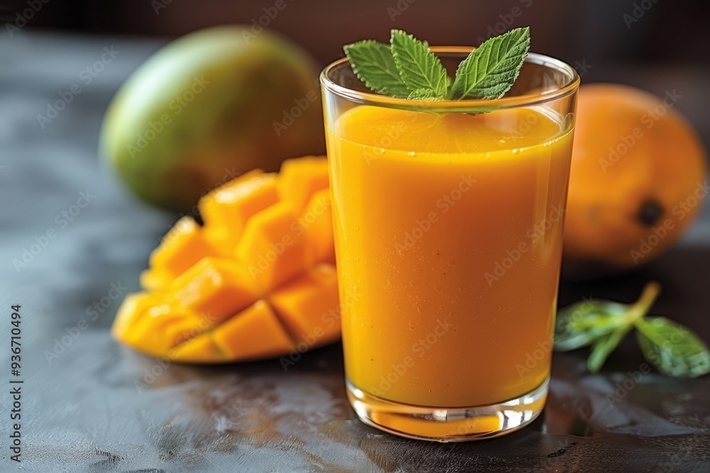 Fototapeta premium A vibrant glass of fresh mango juice is garnished with mint, accompanied by chopped mango pieces on a dark surface.