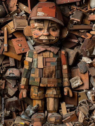 Artistic wooden figure constructed from various wooden pieces, surrounded by an assortment of scrap materials.