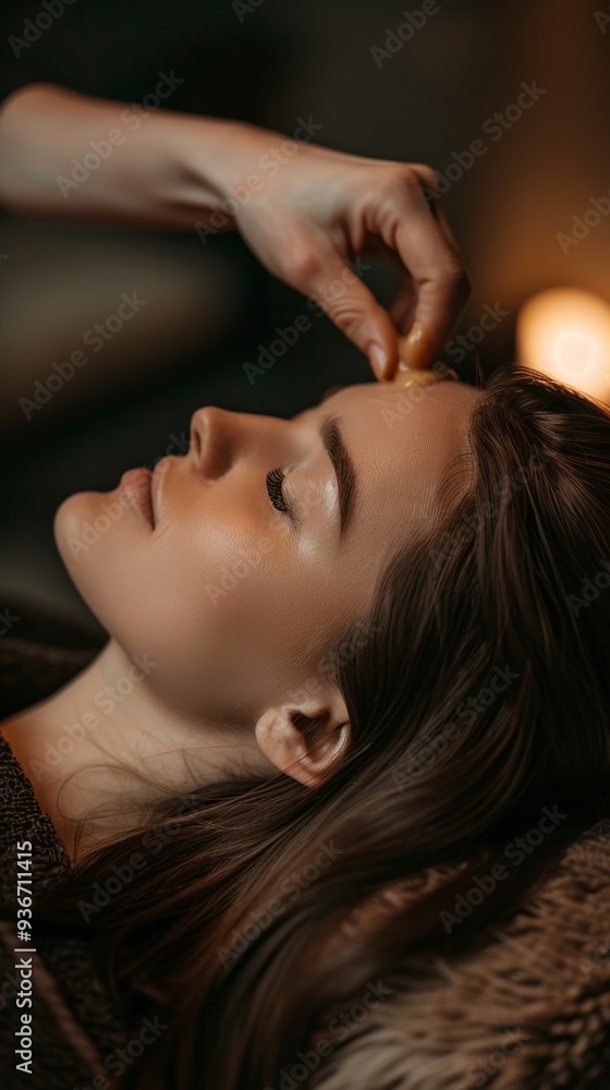 A woman lies peacefully on a massage table, enjoying a soothing session while a therapist gently applies pressure to her forehead, creating tranquility and relaxation A woman lies peacefully on a massage table, enjoying a soothing session while a therapist gently applies pressure to her forehead, creating tranquility and relaxation