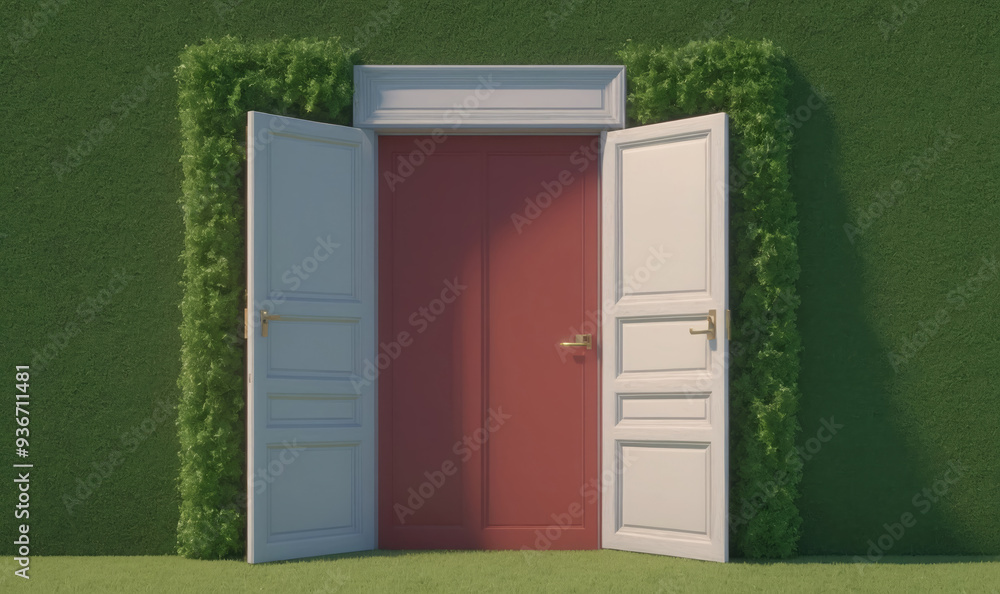 Three doors stand open against a green wall Three doors stand open against a green wall