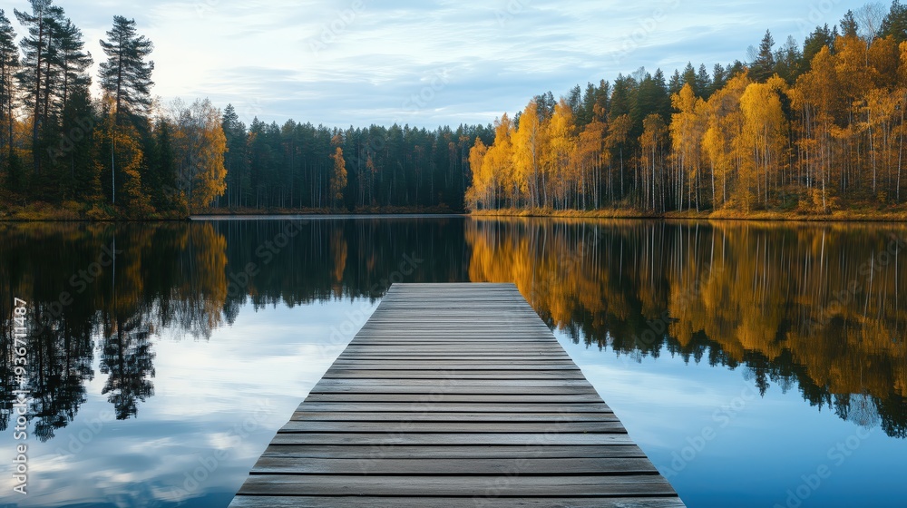 A serene autumn scene featuring a wooden dock overlooking a calm lake surrounded by trees with vibrant fall foliage reflecting in the water. Seasonal travels, product display A serene autumn scene featuring a wooden dock overlooking a calm lake surrounded by trees with vibrant fall foliage reflecting in the water. Seasonal travels, product display
